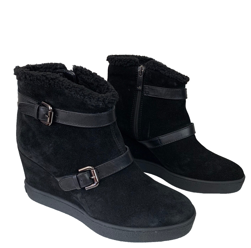 $450 Aquatalia Ankle Boots Short Black Suede Buckle Booties Wedge Heel 8.5 ITALY